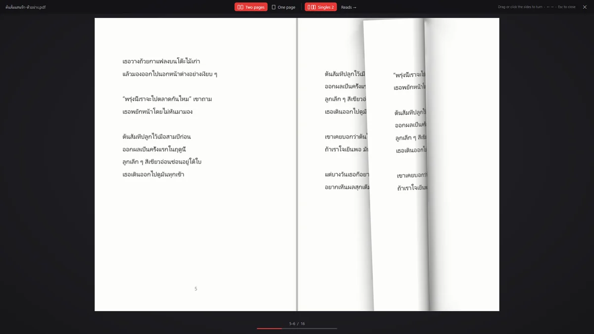 หน้าจอจริง — อ่านหนังสือไทยแบบพลิกหน้า (F11)